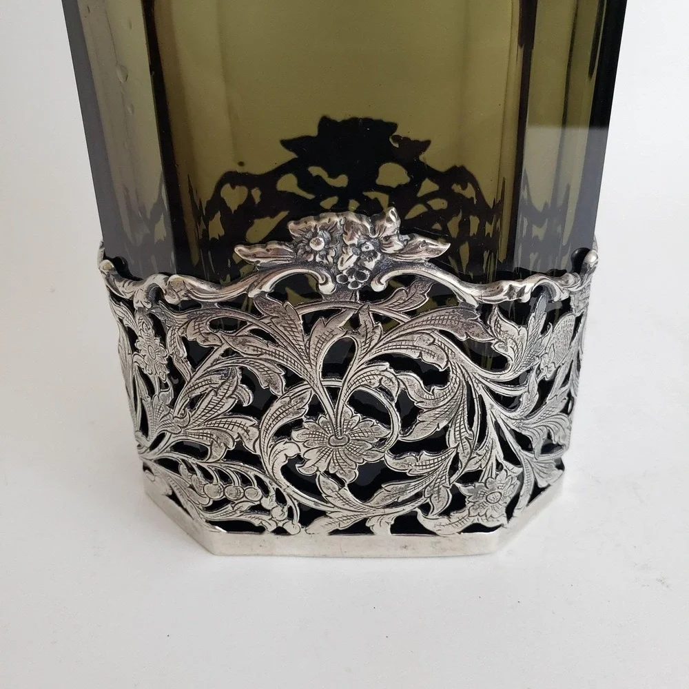 VTG BW Van Eldik Green Glass & Sterling Silver‎ Decanter. Netherlands. 126g 925